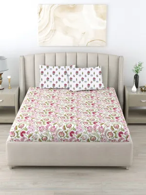 220 TC 100% Cotton Single Printed Bedsheet with Pillow Covers - Creeper Pink