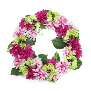 22" Decorative Fuchsia Pink and Cream White Artificial Floral Dahlia and Hydrangea Wreath - Unlit