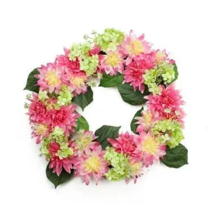 22" Decorative Pink and Green Artificial Floral Dahlia and Hydrangea Wreath - Unlit