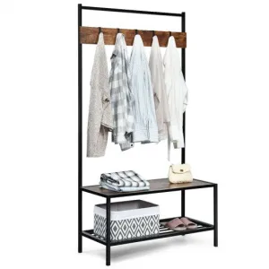 3 in 1 Industrial Coat Rack with 2-tier Storage Bench and 5 Hooks-Coffee