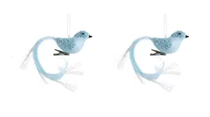 6" Light Blue Silver Bird with Long Tail Clip-On Ornament Set of 2