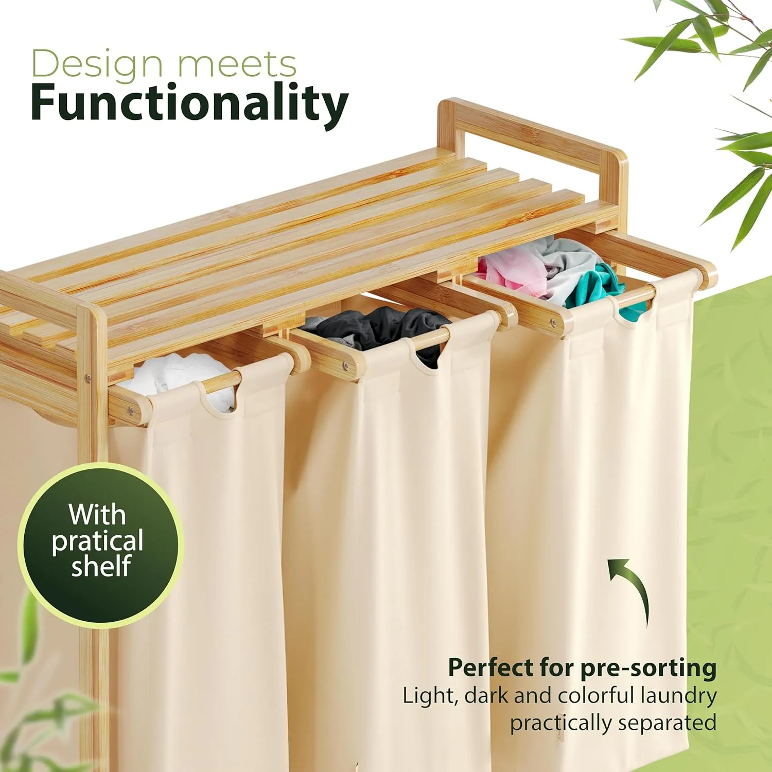 Bamboo Laundry Basket with Wheels – Large 3-Section Sorter with Removable Cotton Bags