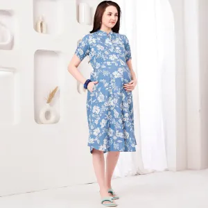 Blue Floral Printed Nursing Maternity Dress