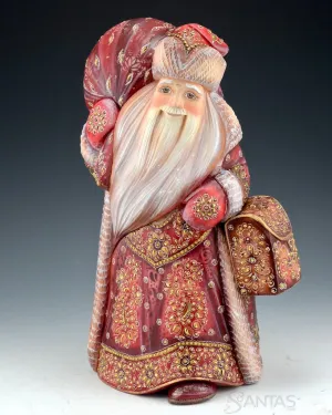 Brilliant Red and Gold Russian Santa with Satchel