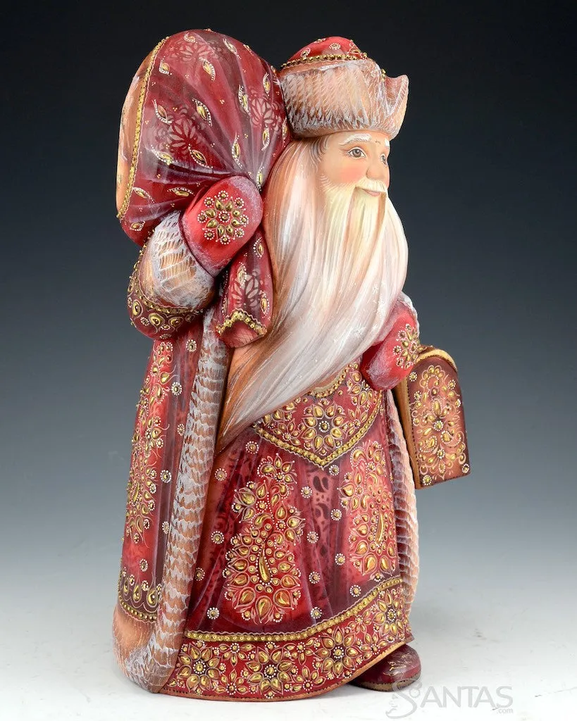 Brilliant Red and Gold Russian Santa with Satchel