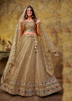 Chickoo Beige Premium Net Sequins Wedding Lehenga Choli