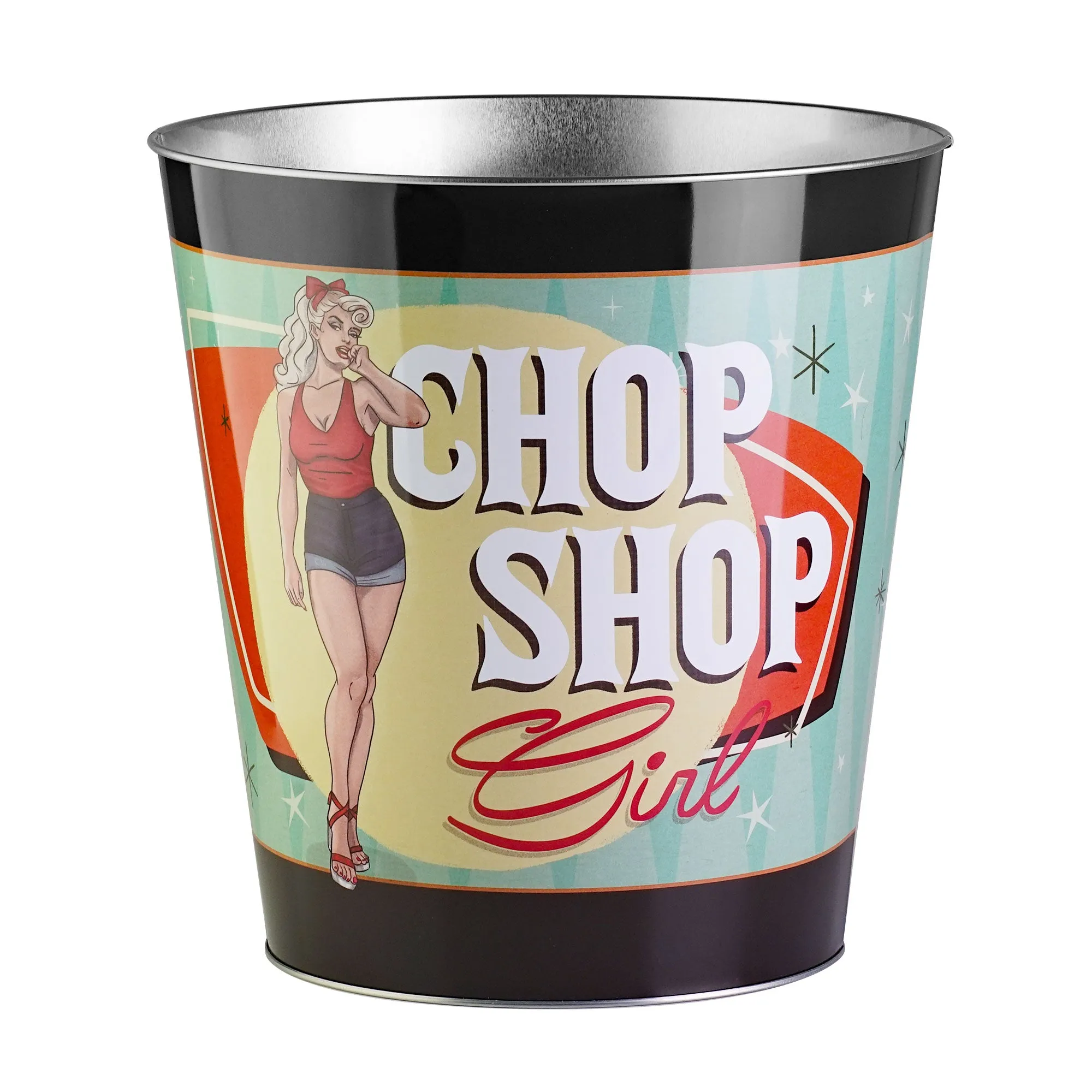 Chop Shop Girl Decorative Metal Trash Bin Waste Basket - 11.25" x 10.5"