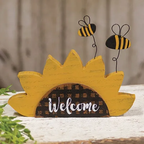 Distressed Wooden Welcome Sunflower With Bees