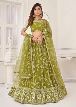 Embroidered Net Green Mehndi & Wedding Wear Lehenga Choli