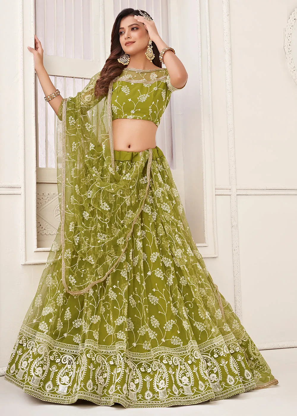 Embroidered Net Green Mehndi & Wedding Wear Lehenga Choli