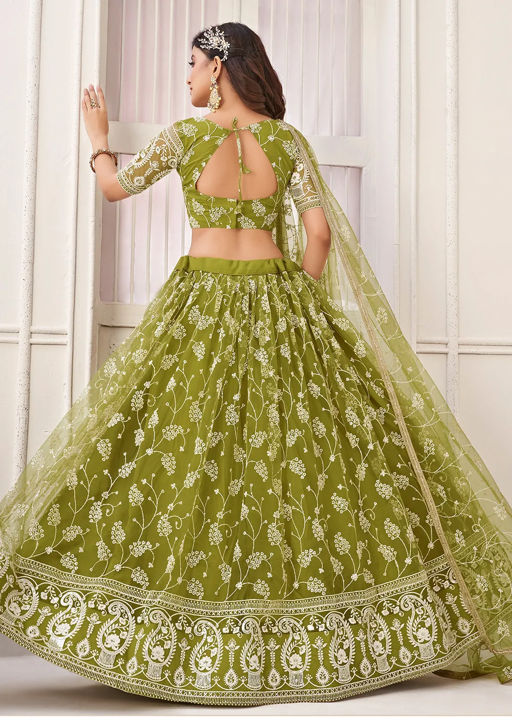 Embroidered Net Green Mehndi & Wedding Wear Lehenga Choli