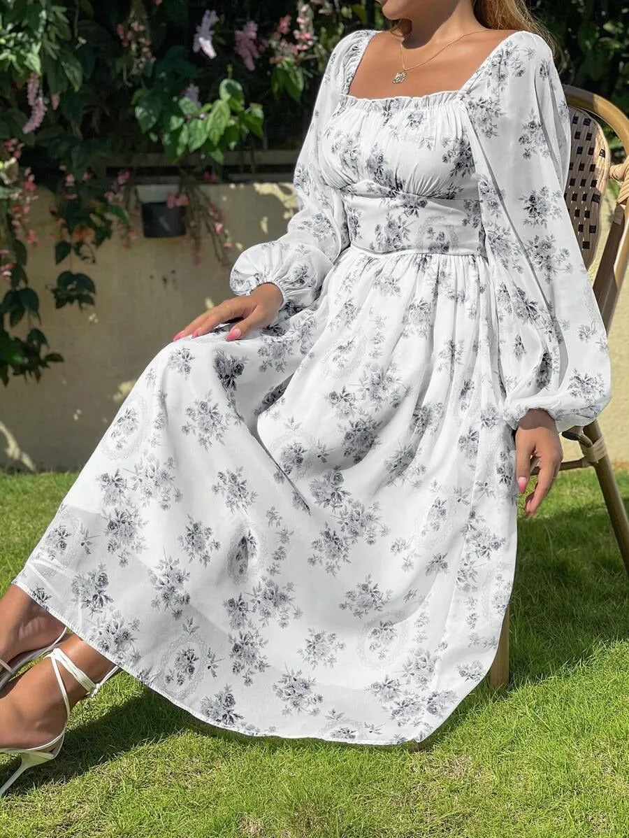 Gray Floral Lantern Sleeve Pleated Dress