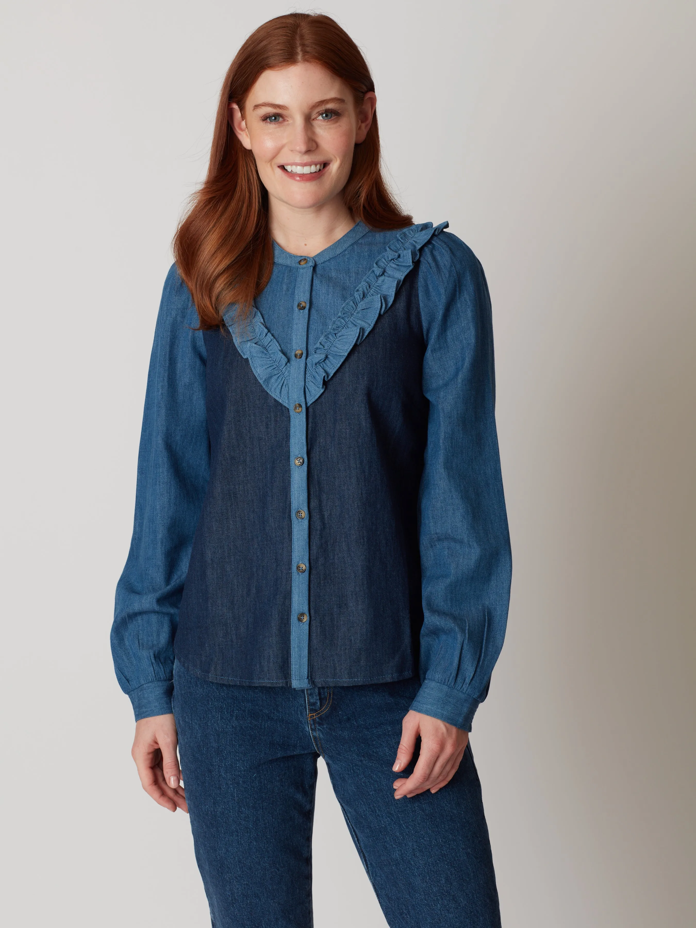 Kay Long Sleeve Cotton Chambray Blouse