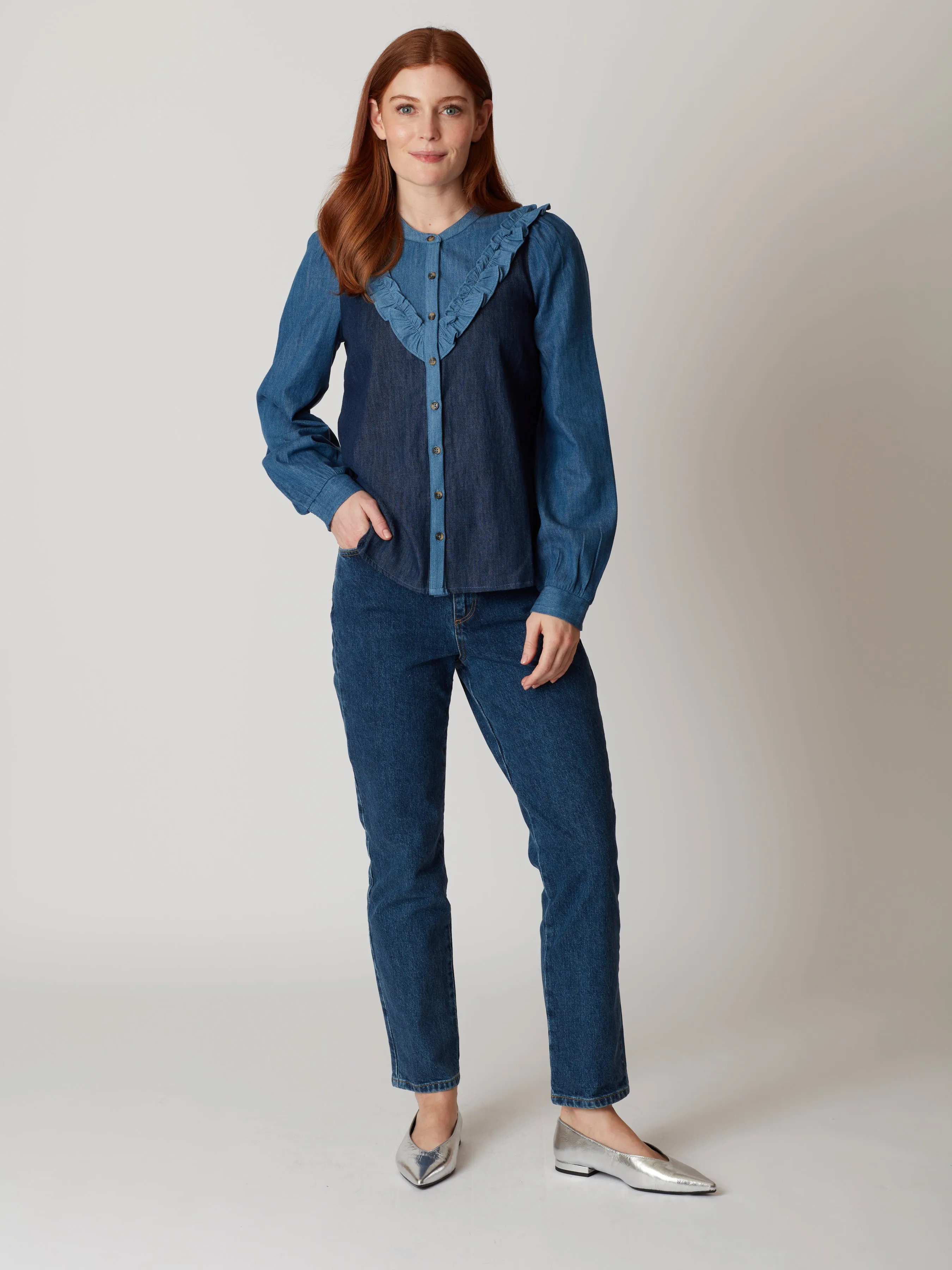 Kay Long Sleeve Cotton Chambray Blouse