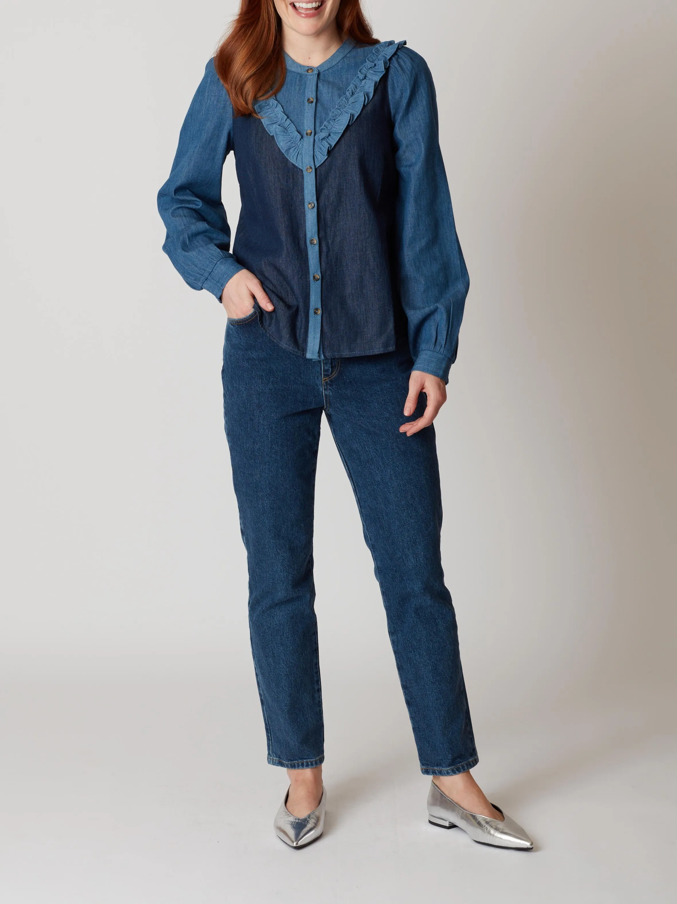 Kay Long Sleeve Cotton Chambray Blouse