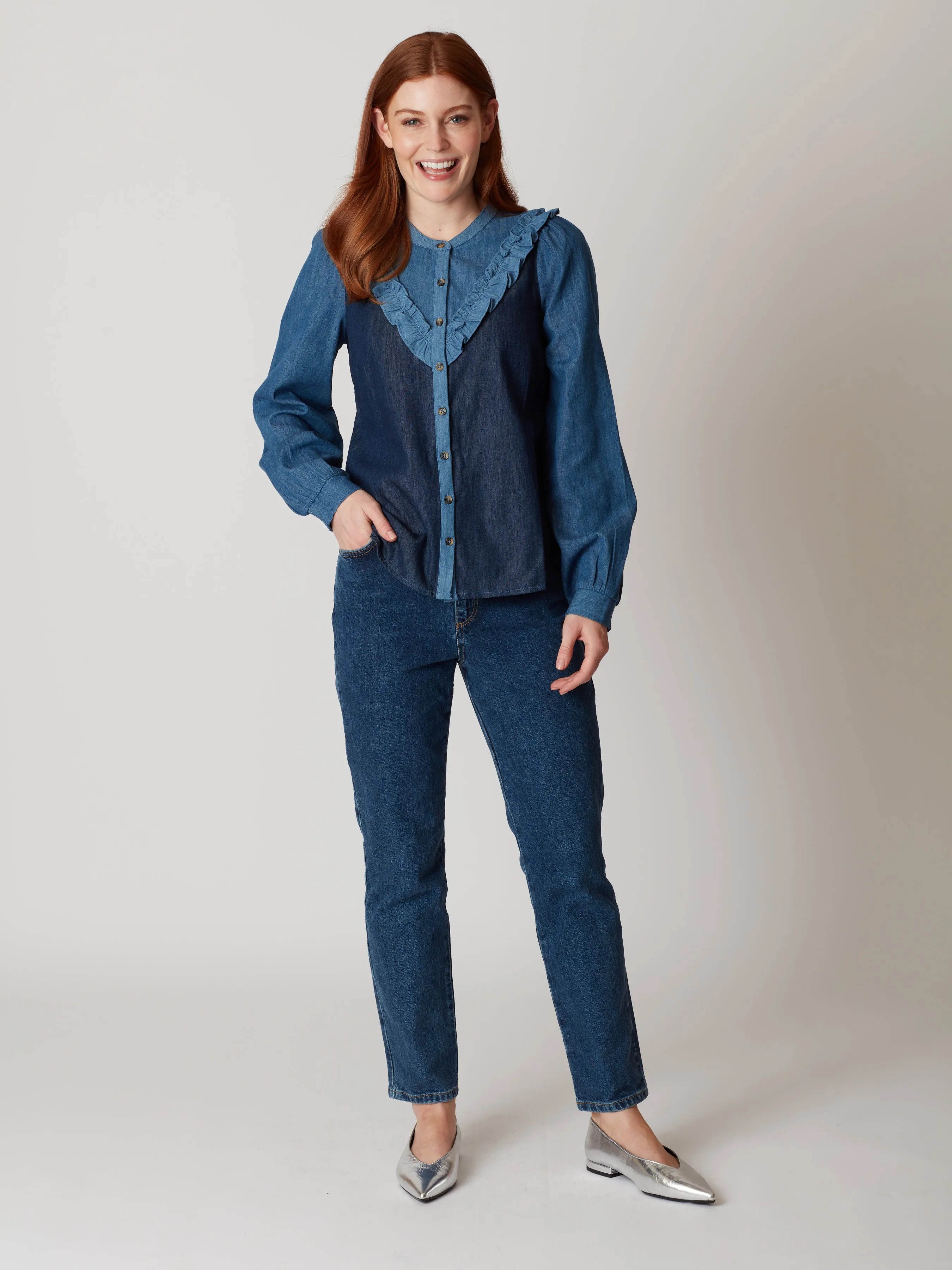 Kay Long Sleeve Cotton Chambray Blouse