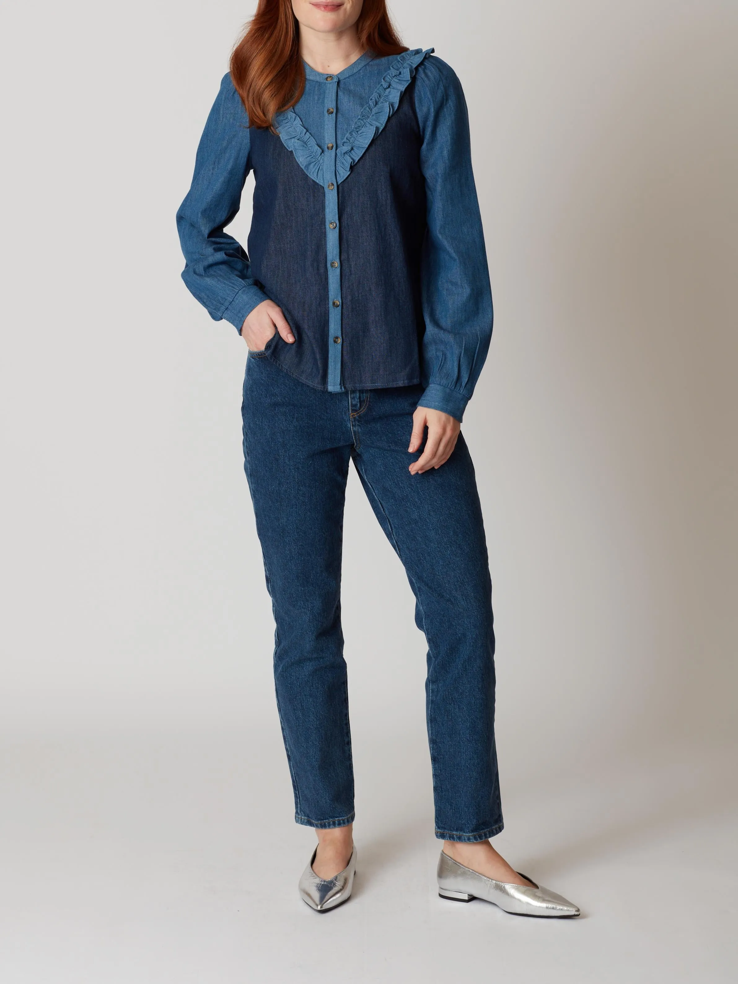 Kay Long Sleeve Cotton Chambray Blouse