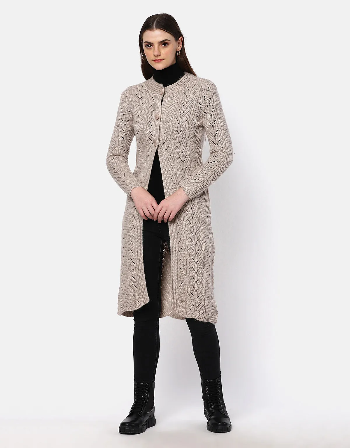 Knitted Fancy Round Neck Long Coat For Women