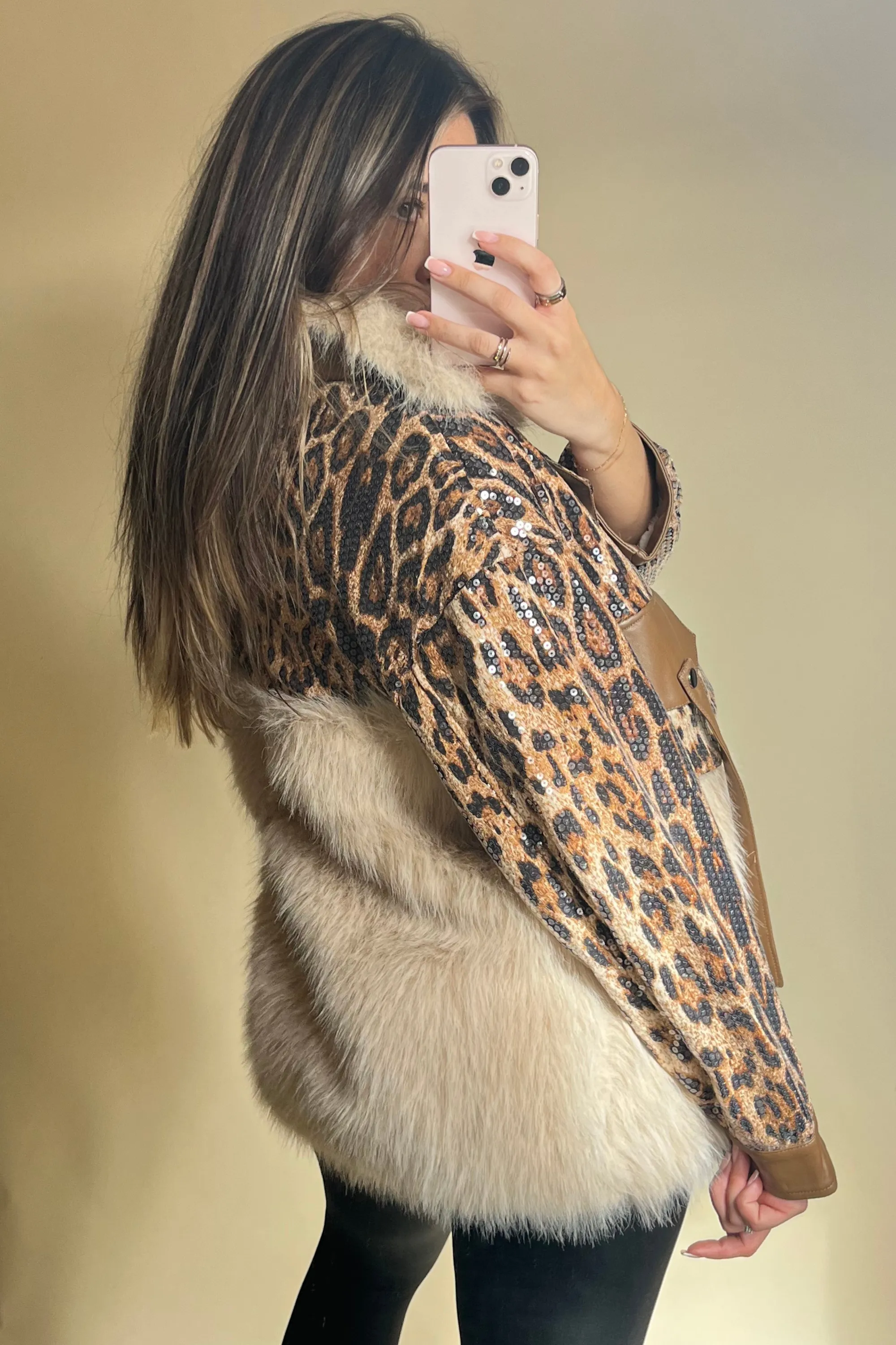 Leopard Fur Coat with Sequin Leopard Panelling