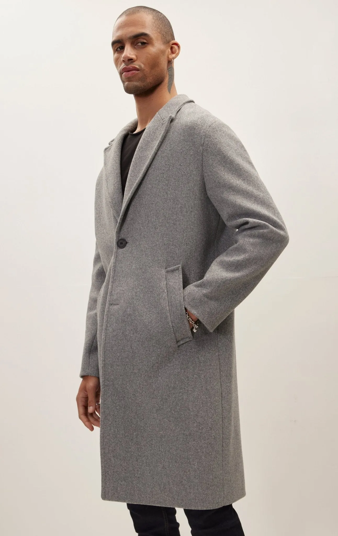 Long Fitted Pea Coat With Notch Lapel - Grey