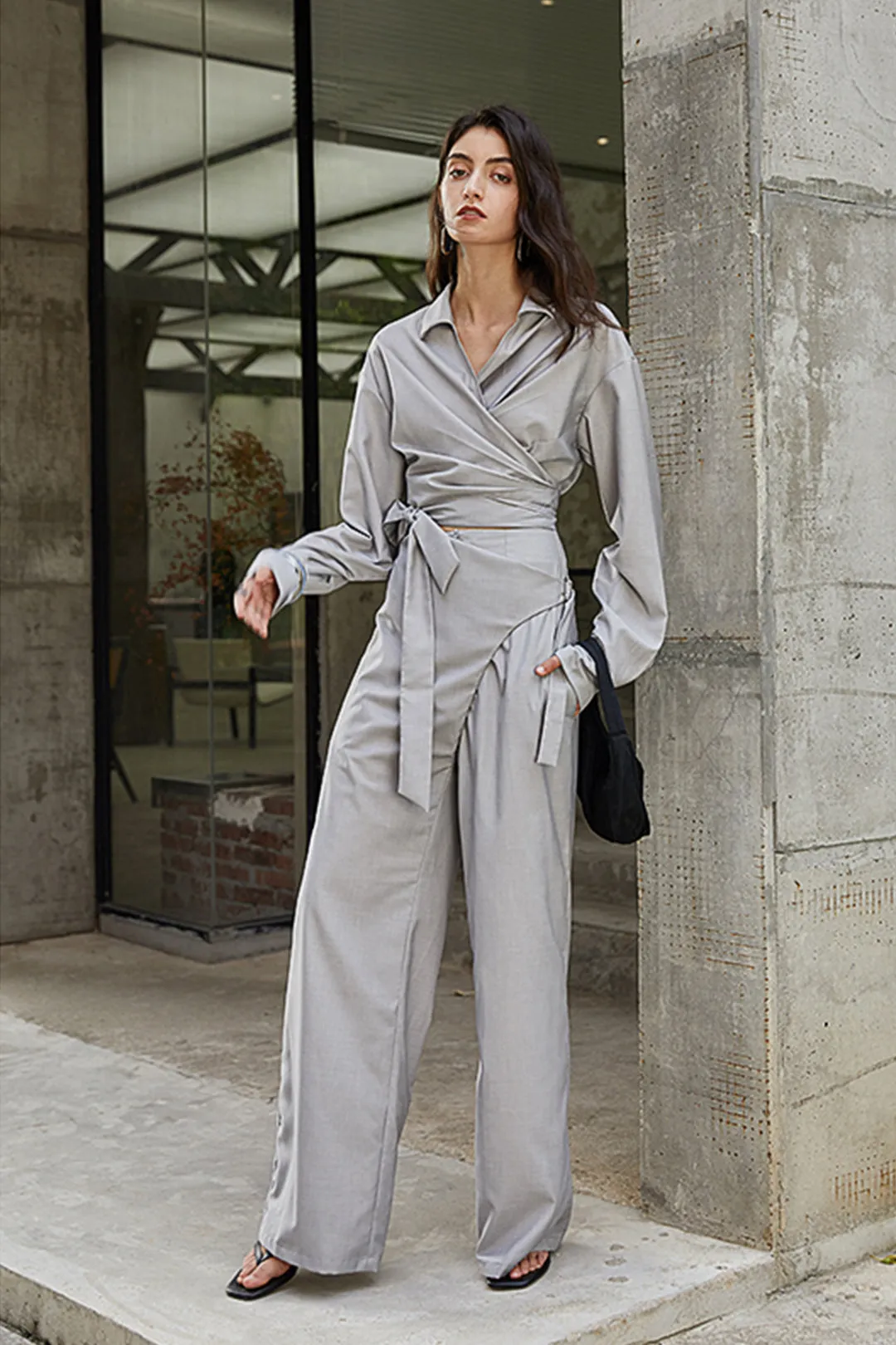 Long-sleeved wide-leg jumpsuit | Latte grey jumpsuit | Casual jumpsuit