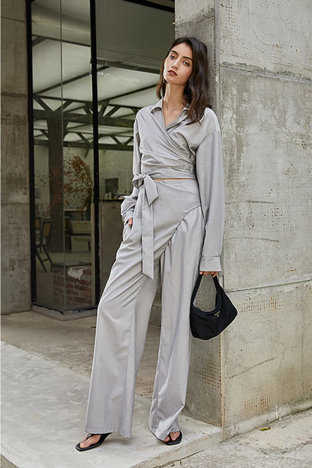 Long-sleeved wide-leg jumpsuit | Latte grey jumpsuit | Casual jumpsuit