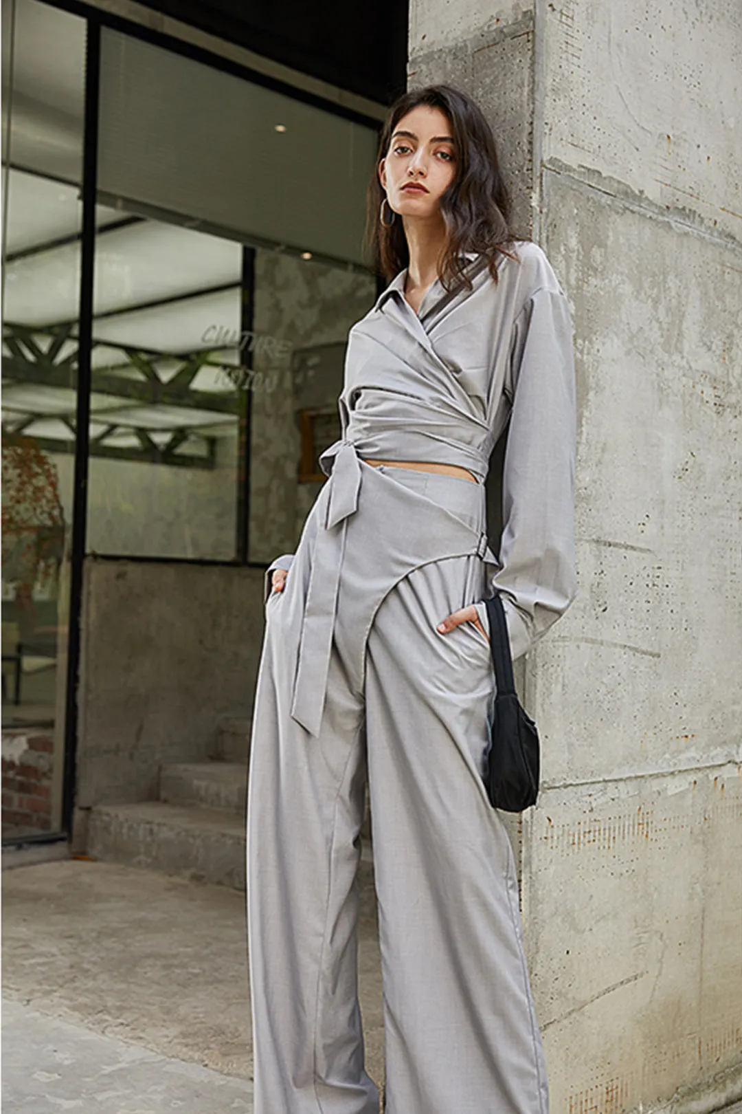 Long-sleeved wide-leg jumpsuit | Latte grey jumpsuit | Casual jumpsuit