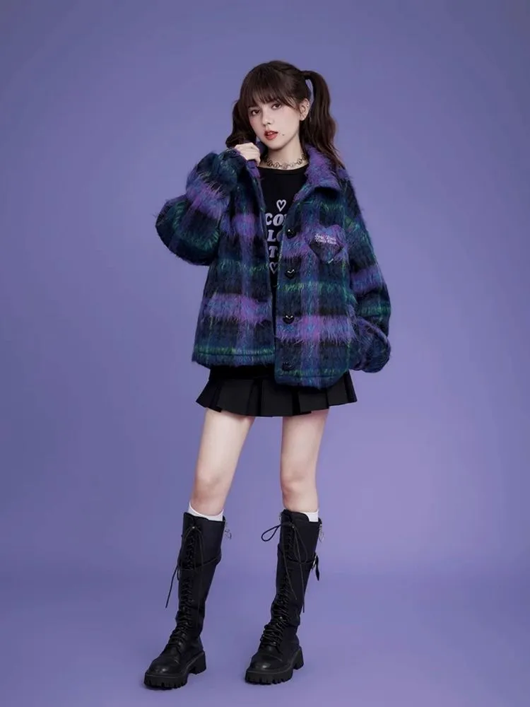 Loose blue and purple plaid long fur coat【s0000004427】