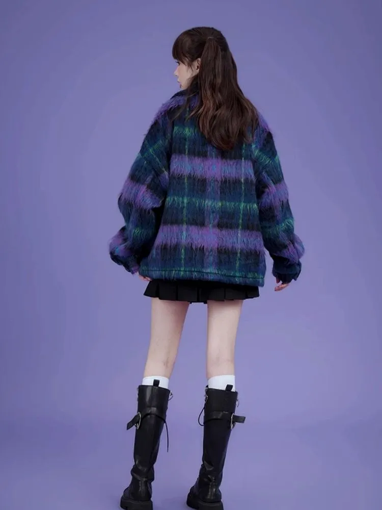 Loose blue and purple plaid long fur coat【s0000004427】