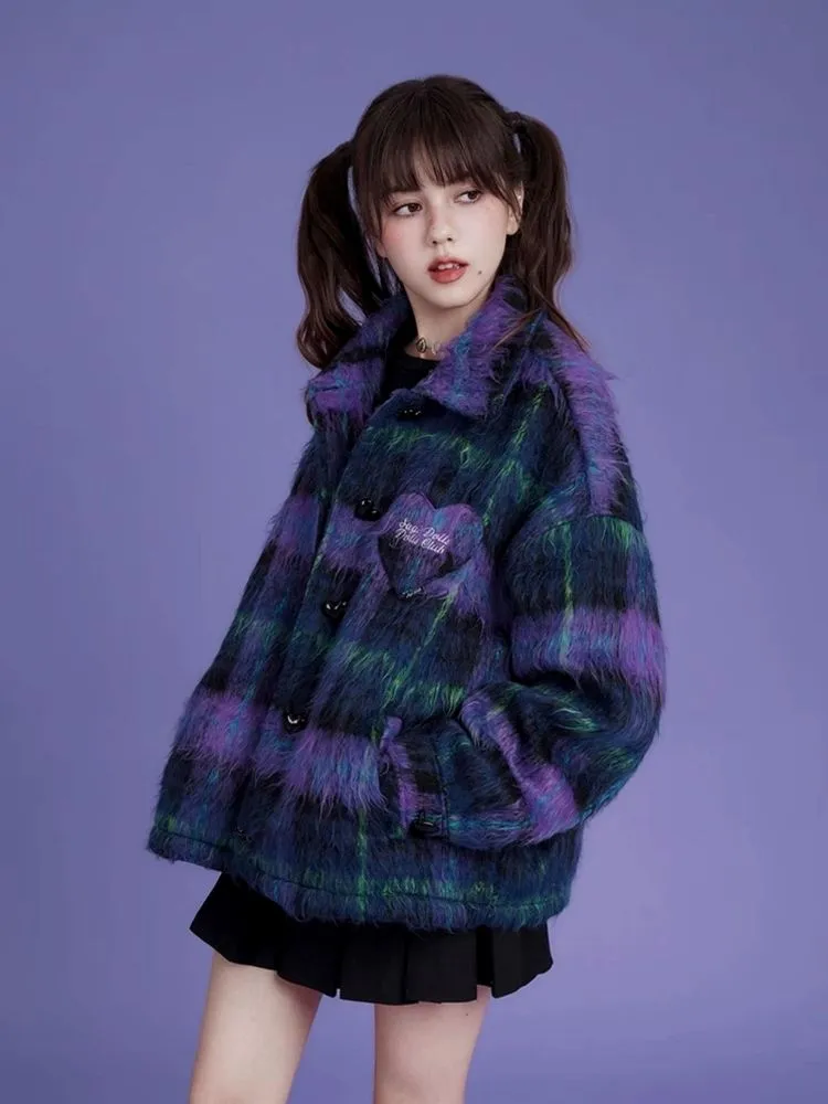 Loose blue and purple plaid long fur coat【s0000004427】