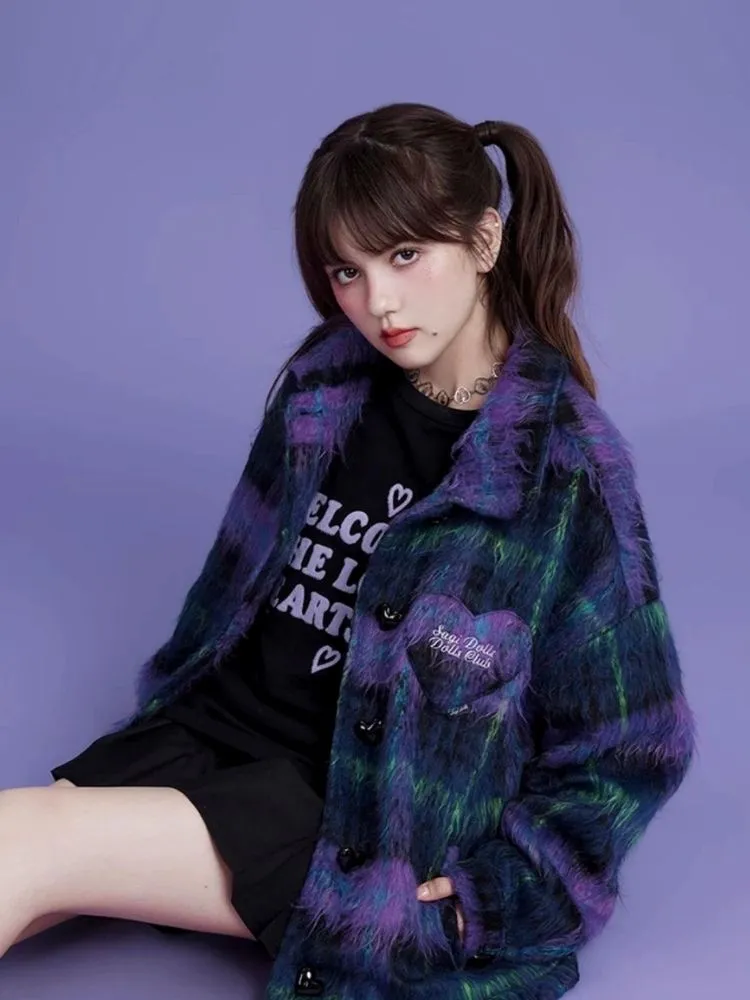 Loose blue and purple plaid long fur coat【s0000004427】