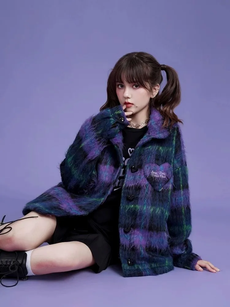 Loose blue and purple plaid long fur coat【s0000004427】