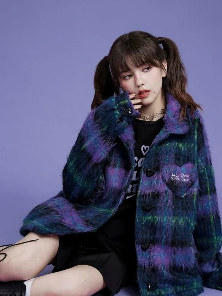 Loose blue and purple plaid long fur coat【s0000004427】