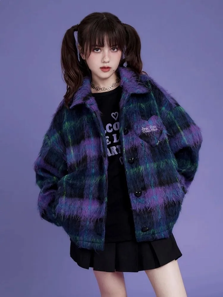 Loose blue and purple plaid long fur coat【s0000004427】