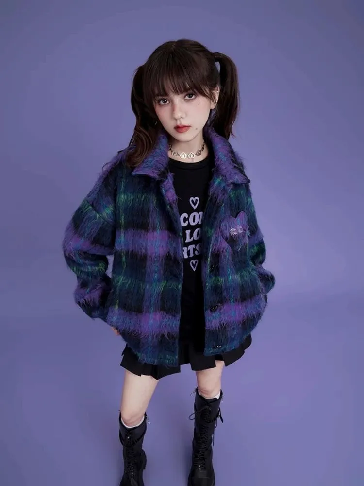 Loose blue and purple plaid long fur coat【s0000004427】