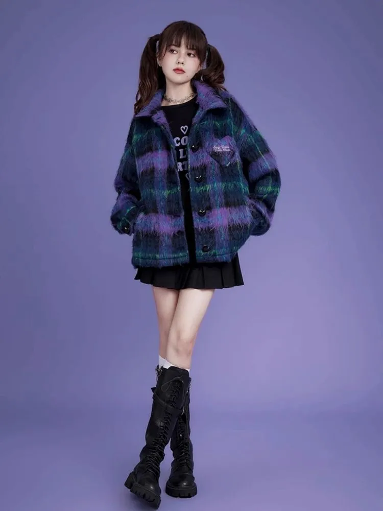 Loose blue and purple plaid long fur coat【s0000004427】