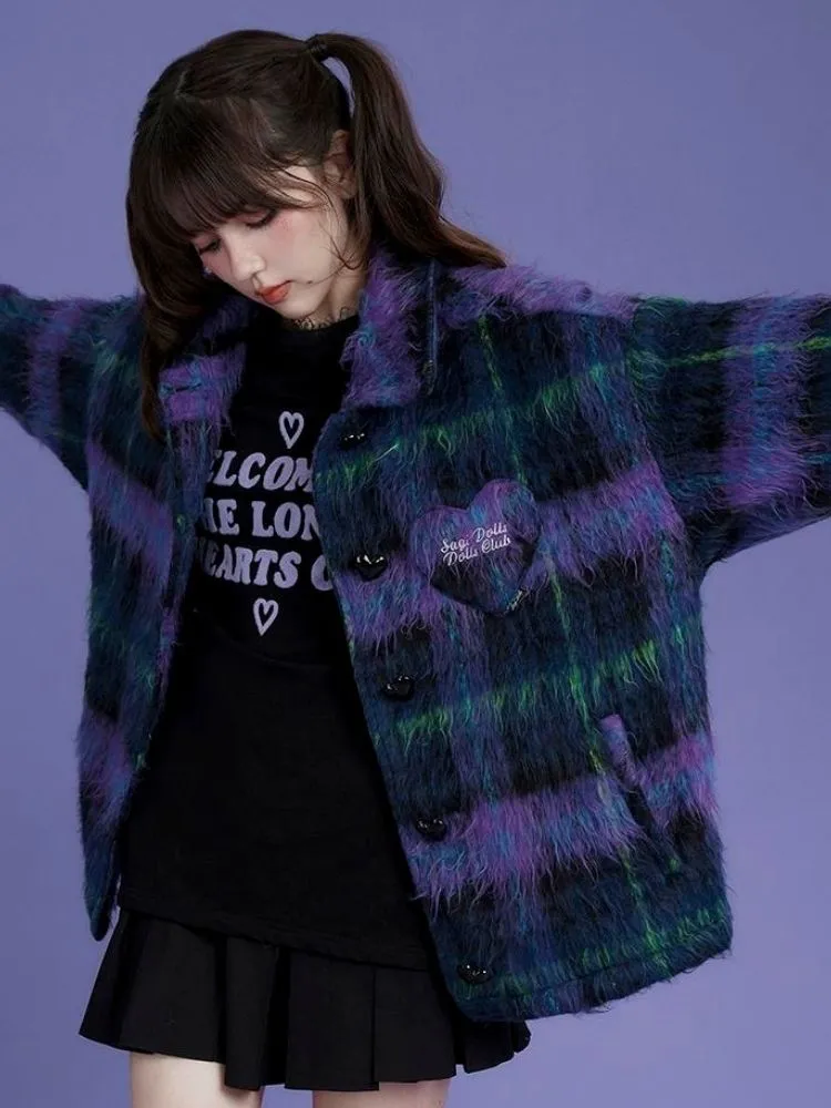 Loose blue and purple plaid long fur coat【s0000004427】