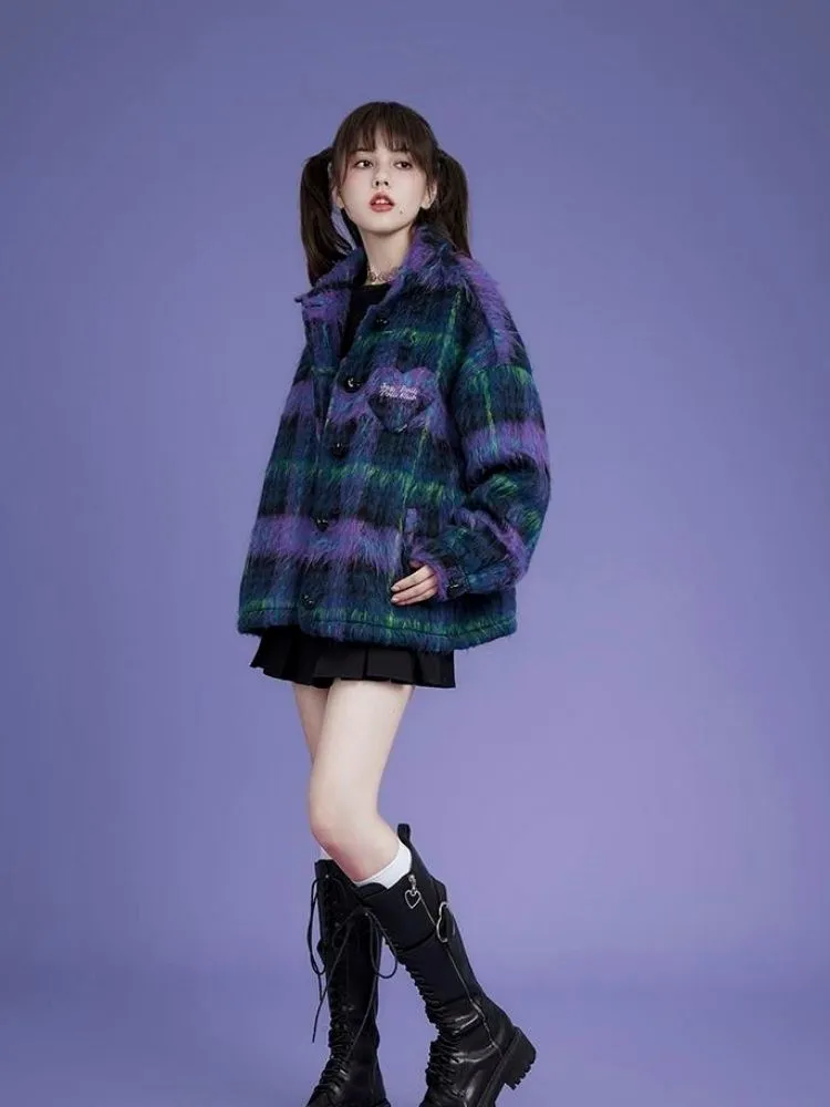 Loose blue and purple plaid long fur coat【s0000004427】