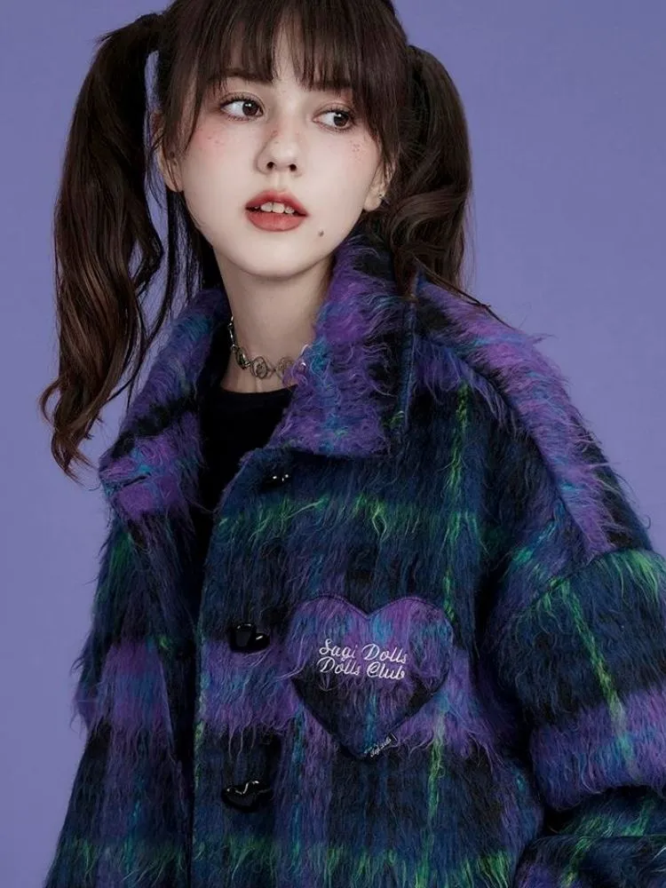 Loose blue and purple plaid long fur coat【s0000004427】