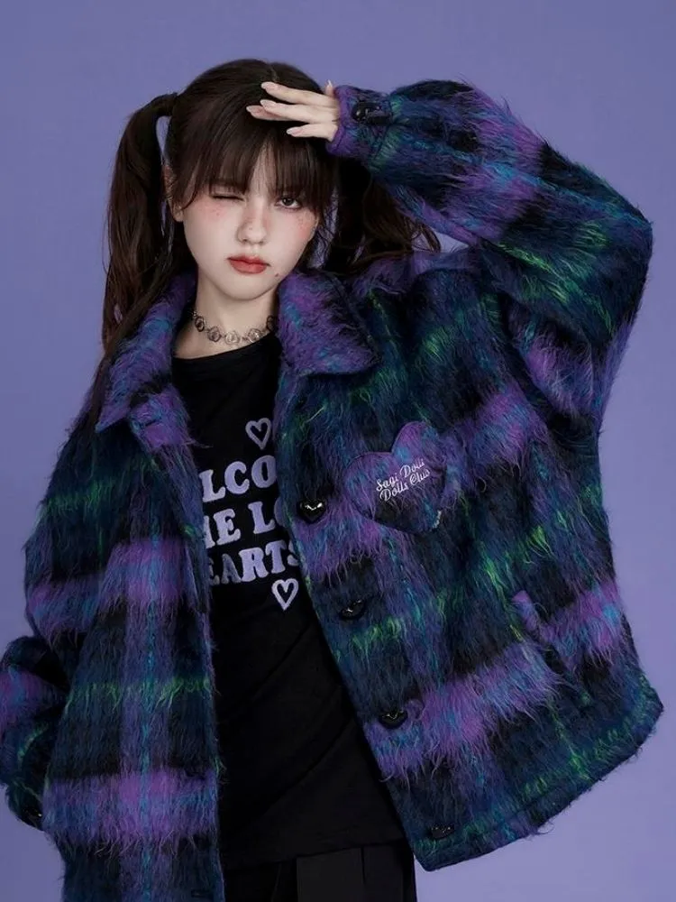 Loose blue and purple plaid long fur coat【s0000004427】