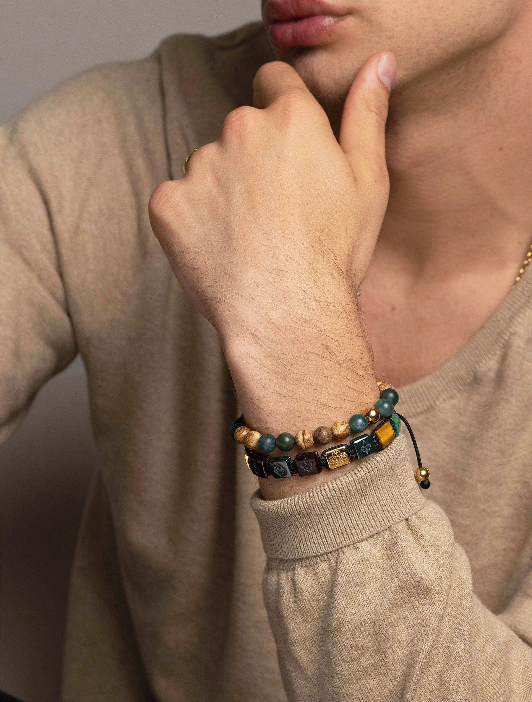 Men's Ceramic Flatbead Bracelet in Green, Red, Brown Tiger Eye, Green Jade and Gold