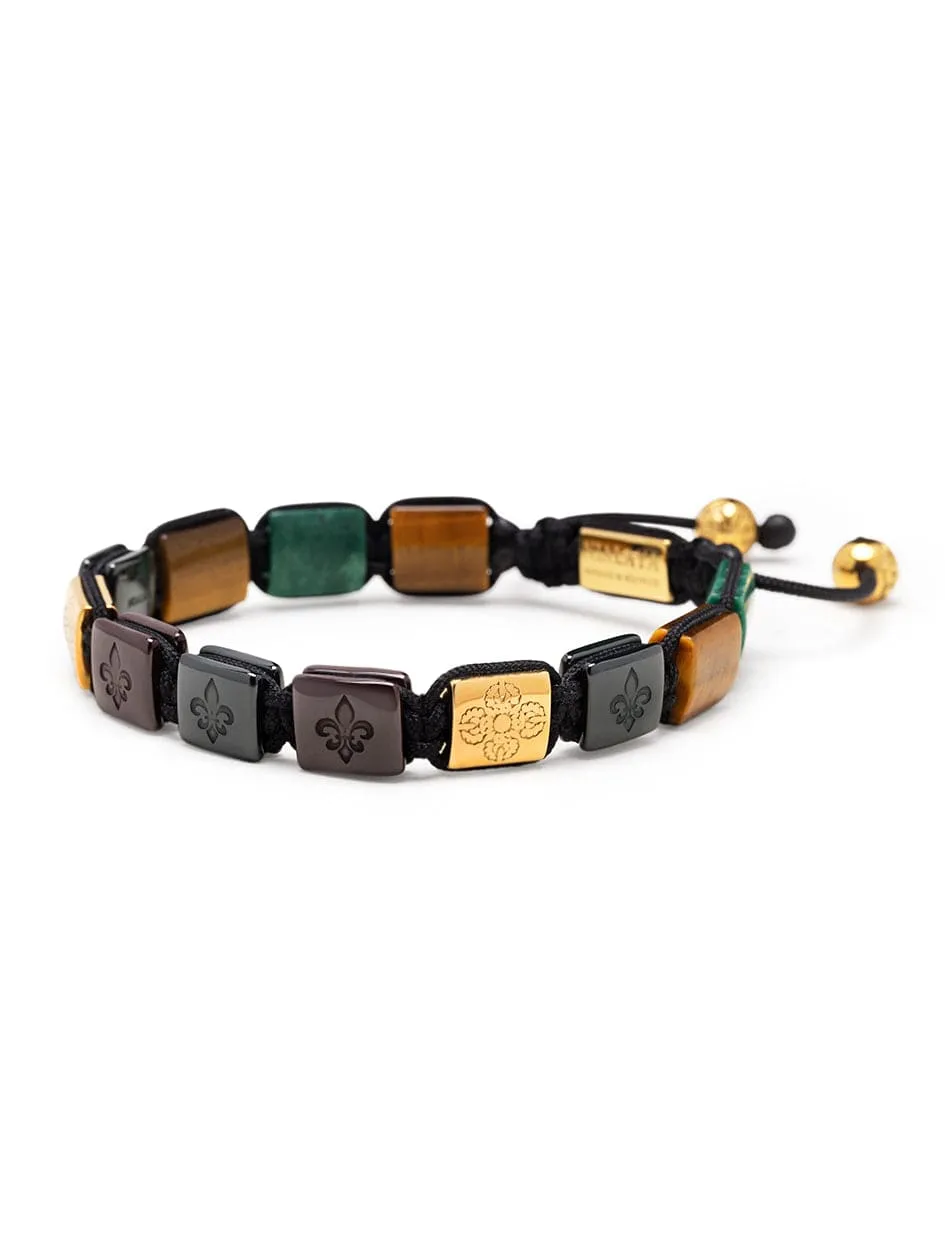 Men's Ceramic Flatbead Bracelet in Green, Red, Brown Tiger Eye, Green Jade and Gold