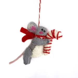 Mouse with Candy Cane Ornament, Felt Wool