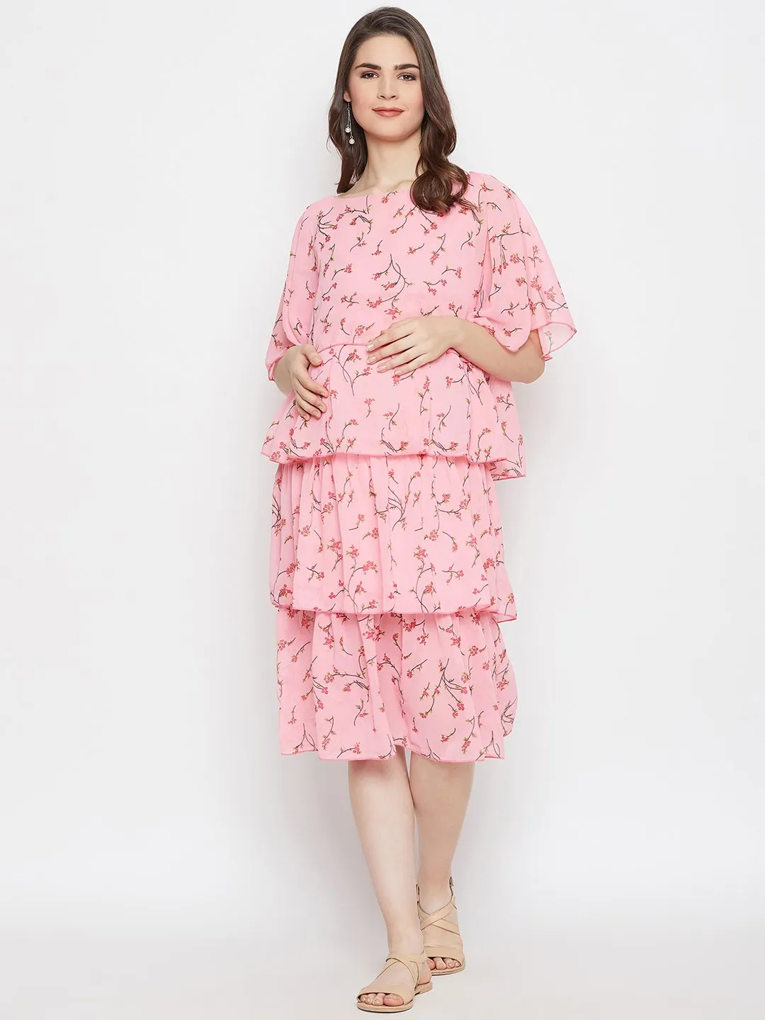 PINK FLORA LAYERED MATERNITY KAFTAN DRESS - (Final Sale)