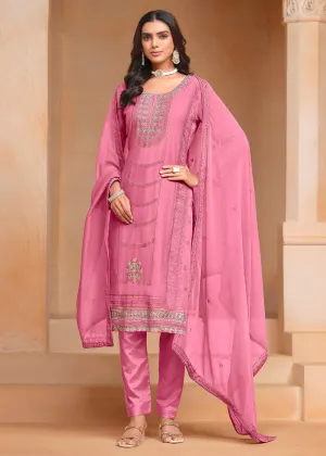 Pink Organza Chiffon Embroidered Festive Salwar Suit