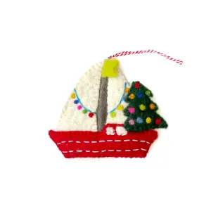 Sailboat with Christmas Tree Ornament, Felt Wool