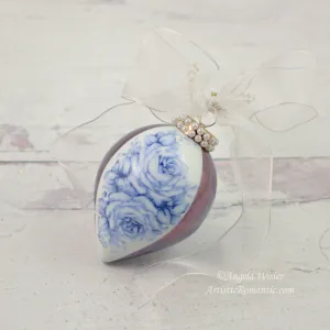 Victorian Porcelain Teardrop Christmas Ornament Hand Painted Blue & White Holiday Decoration