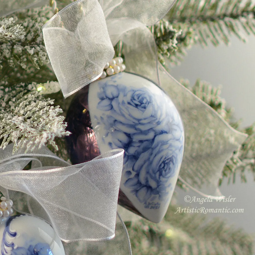 Victorian Porcelain Teardrop Christmas Ornament Hand Painted Blue & White Holiday Decoration