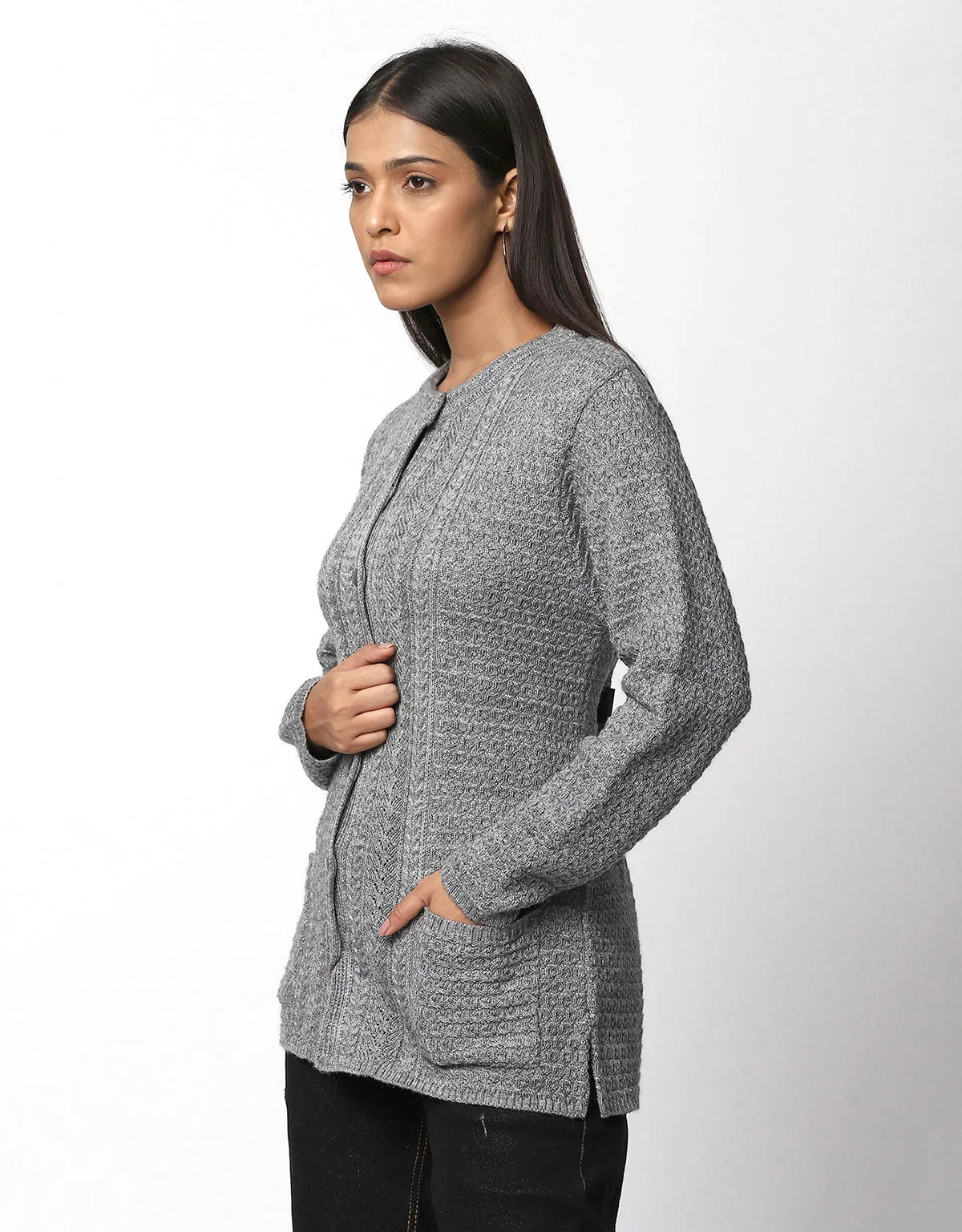 Women Knitted Round Neck Long Coat With Front Buttons