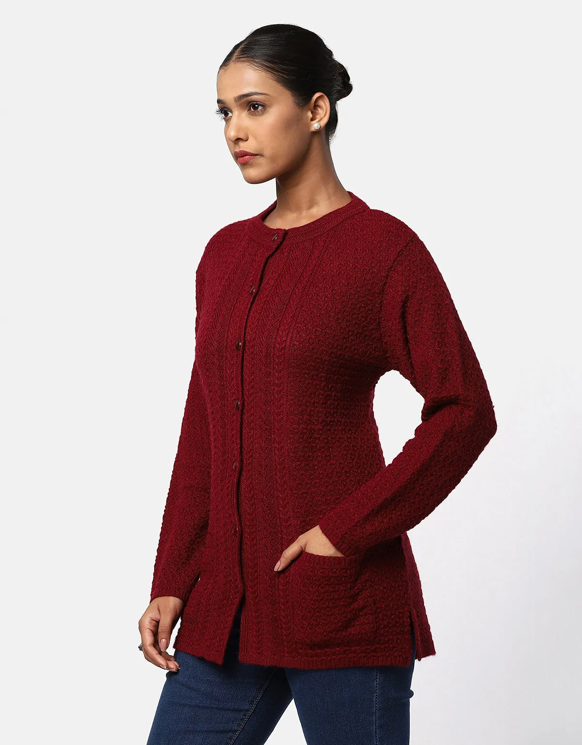 Women Knitted Round Neck Long Coat With Front Buttons